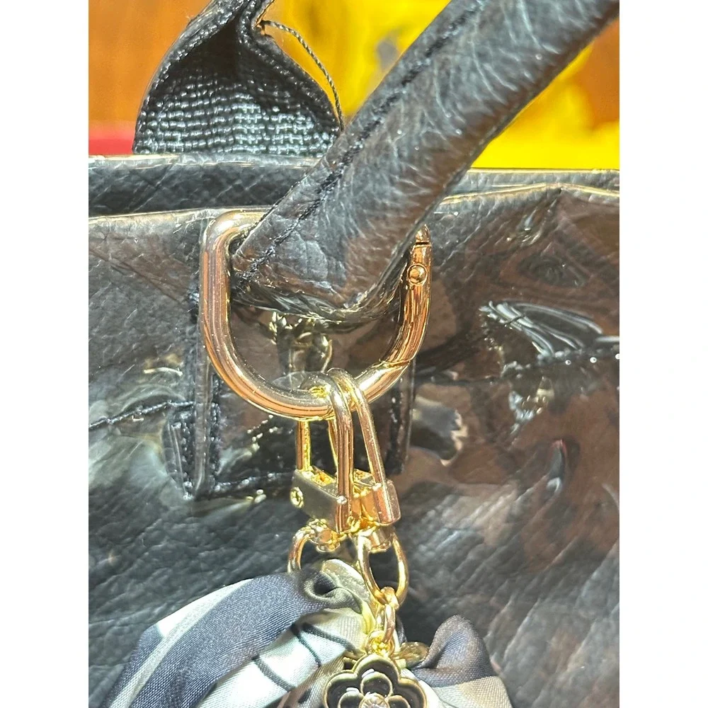 Chic Black Glossy Tote Purse. Functional Carryall with Scarf & Charm Accessories